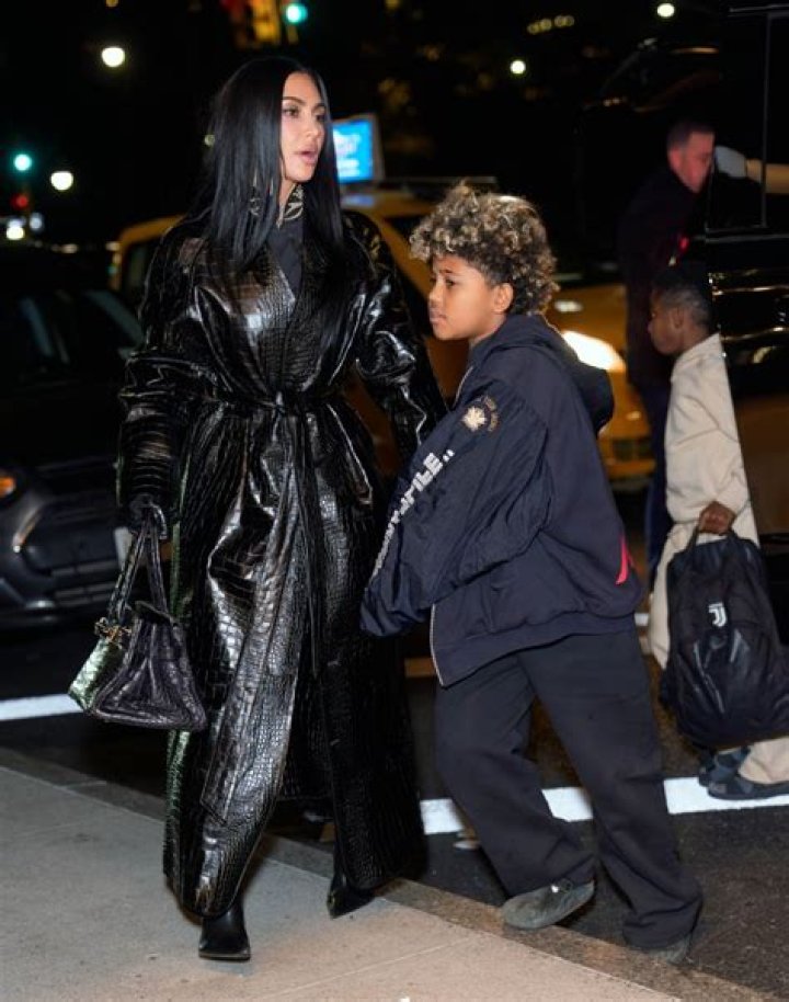 Kim Kardashian & Son Saint, 5, Wear Matching All-Black Leather Outfits In New Pics